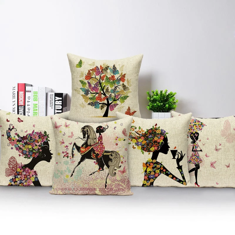 

Наволочка для диванной подушки, с розовыми цветами, с изображением феи