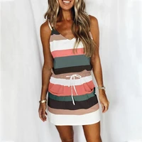 women sling dress stripe print mini skirt adjustable drawstring belt deep v collar summer casual lady sleeveless sexy dress