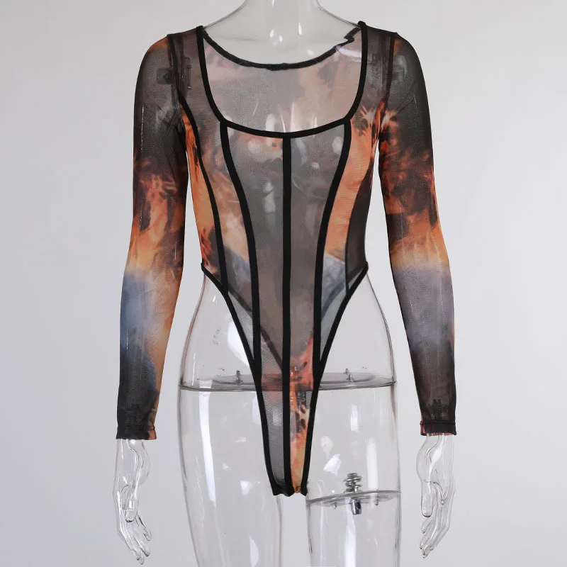 

Mesh See Through Bodysuits+Long Pants 2 Piece Sets Print Sexy Clubwear Casual Lounge Wear Streetwear Fashion Clothes jumpsuit