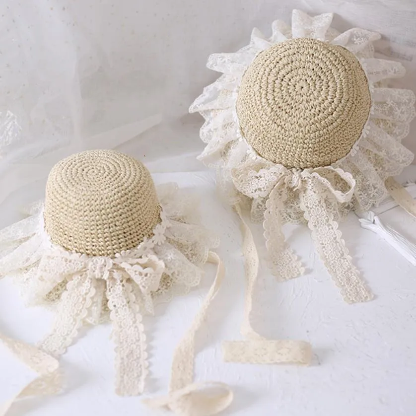

Lace Sun Hats For Child Wide Brim Straw Beach Side Cap Floppy Female Dome Hat Lace Fringe Straw Hat Kids Summer Panama A329