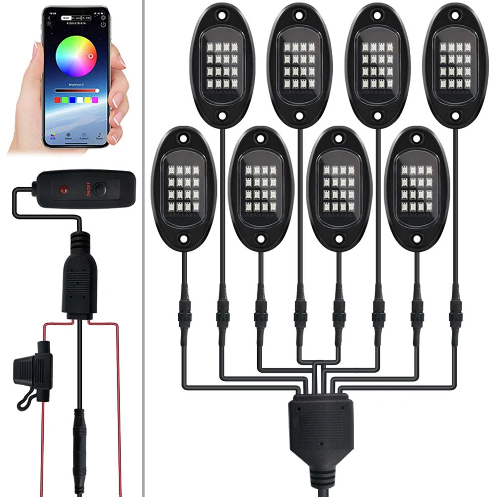 4/6/8 In 1 RGB LED Rock Lights Bluetooth-Compatible APP Control Music Sync Car Chassis Light Undergolw Waterproof Neon | Автомобили и