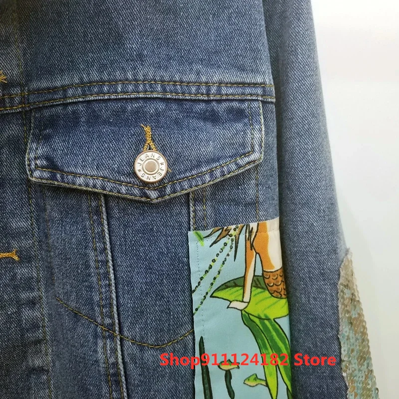 

Hot Spring New Personality Heavy Industry Sequins Hand-Applied Irregular Denim Jacket Women Loose Jacket Tops Tide