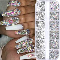 12 grids colorful crystal nail art rhinestones acrylic nail stones beads studs flat back glitter tips 3d nails art decorations