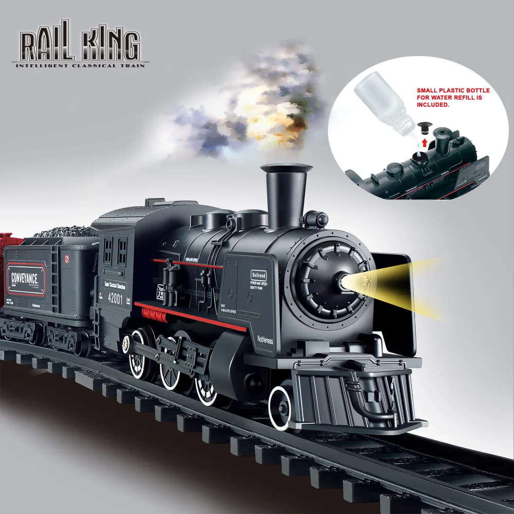 

Battery Operated Railway Classical Freight Train Water Steam Locomotive Playset with Smoke Simulation Model Electric Train Toys