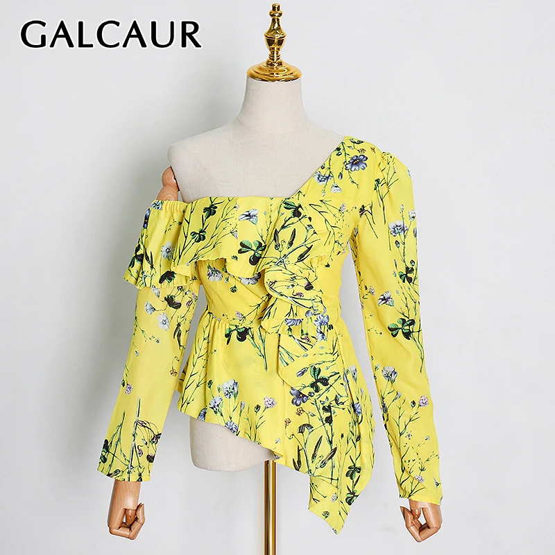 

GALCAUR Printed Patchwork Ruffle Shirts For Women Skew Collar Hit Color Asymmetrical Casual Yellow Blouse Female 2021 Autumn New