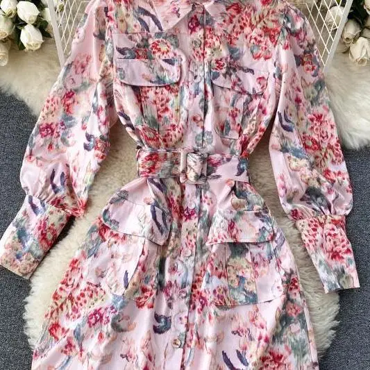 

French retro oil painting dress 2020 new women's shirt dress spring and autumn pink commuter dress Short Dress