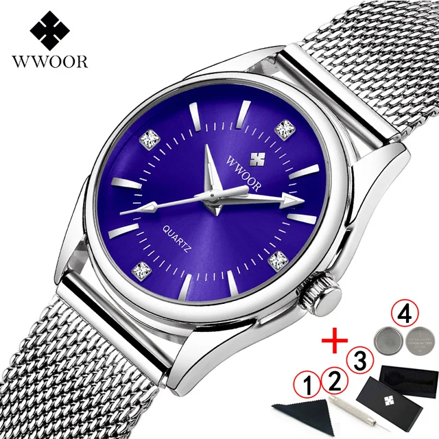 blue-with-box WWOOR Для женщин часы Элитный бренд платье с бриллиантами золотые наручные часы Нержавеющая сталь женские часы золотые кварцевые часы Для женщин - Цвет: blue-with-box
