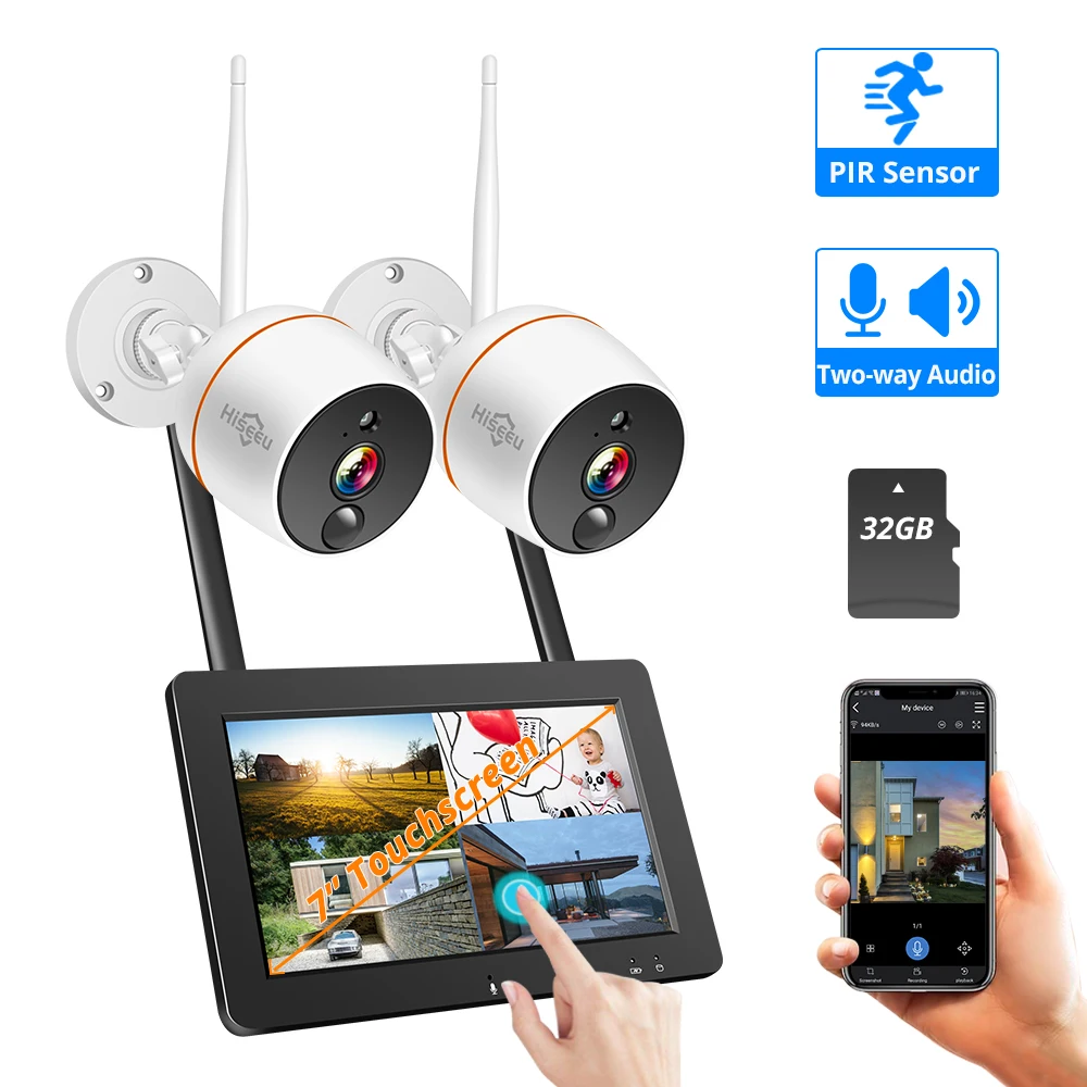 Hiseeu 1080P Беспроводная CCTV система 4CH сенсорный экран LCD NVR 2MP двухсторонняя аудио ip