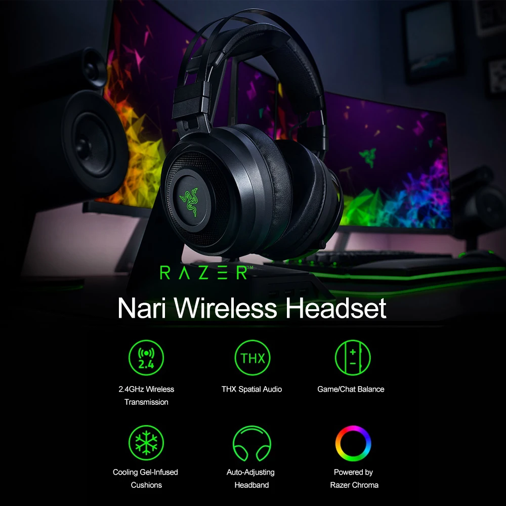 Razer Nari беспроводные Игровые наушники THX пространственные аудио охлаждающие гелевые подушечки 2,4 ГГц игровая гарнитура