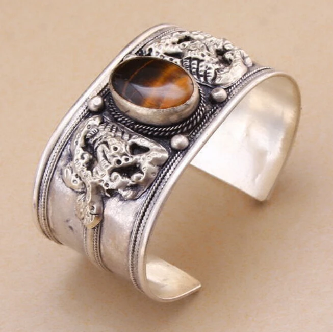 914+++Carved Dragon Tiger's Eye Bead Cuff Bracelet Bangle Tibet Silver | Украшения и аксессуары