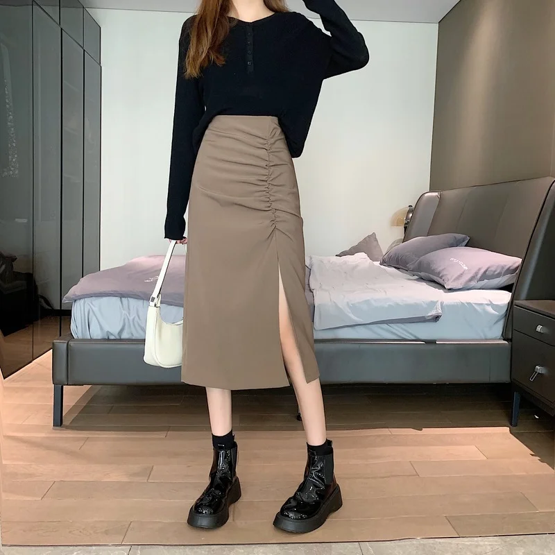 

Korean Fashion Folds Woman Skirts Spring Autumn Casual Style Black Ladies Slim Female Clothing Grey Y2k Skirt 2021 New Hipster