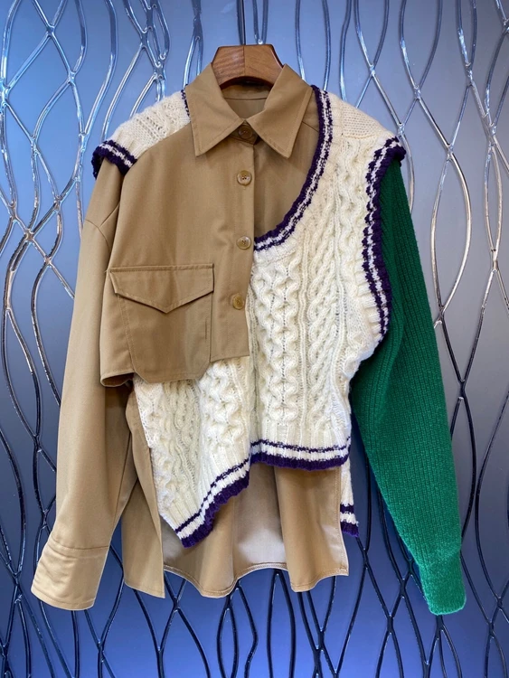 

2021 new women fashion shirt stitching knitted sweater color matching top coat 1209