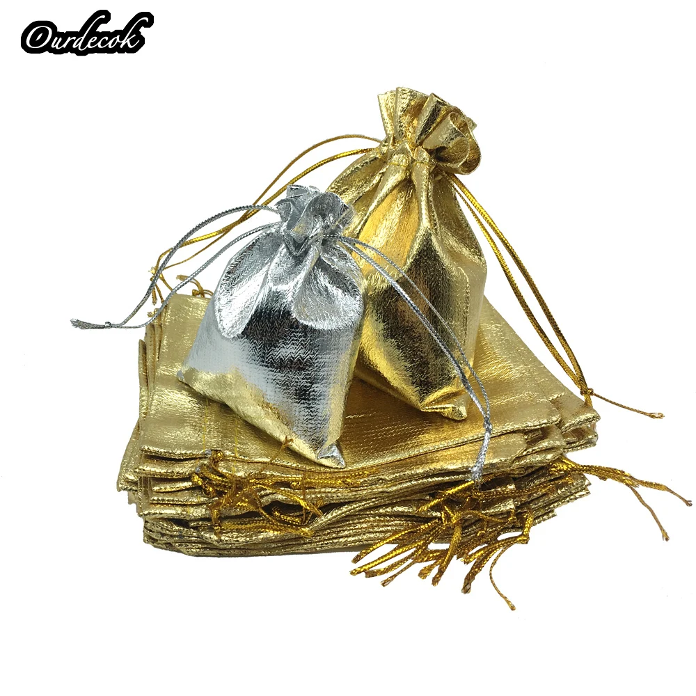 100 pcs серебряные золотые Цвет подарочные пакеты металлической фольги шнурок