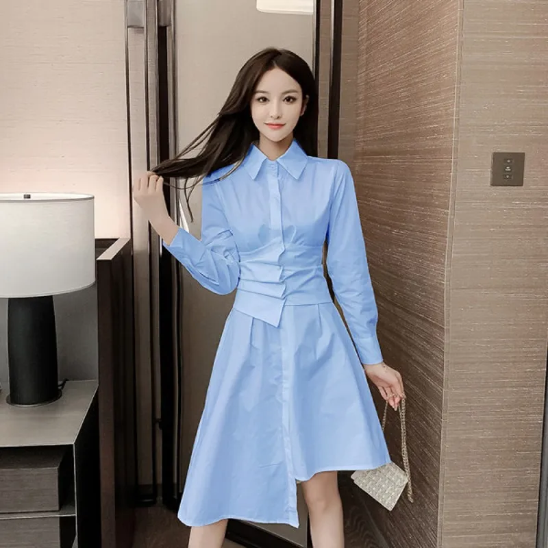 

2020 New Autumn Women Fashion Casual Shirt Dress Long Sleeve A-Line Office Lady Elegant Slim Draped Irregular Dress