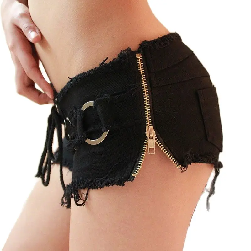 

2021 New Women Sexy Cut Off Low Waist Denim Jeans Shorts Bandage Zipper Hole Mini Hot Shorts Black White