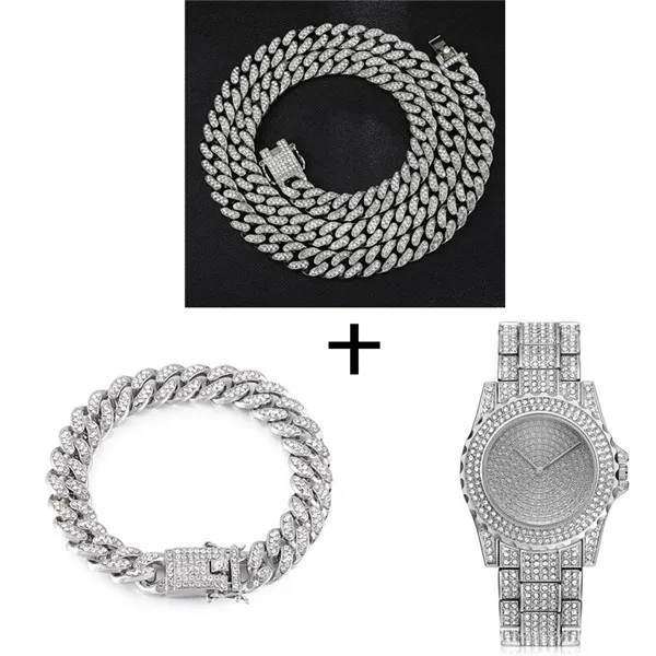 watch Chain Bracelet Ожерелье в стиле хип-хоп+ часы+ браслет, полностью вымощенные стразы, кубинская цепочка в стиле кантри, золото, CZ, побрякушка для Мужчин, Ювелирные изделия - Окраска металла: watch Chain Bracelet
