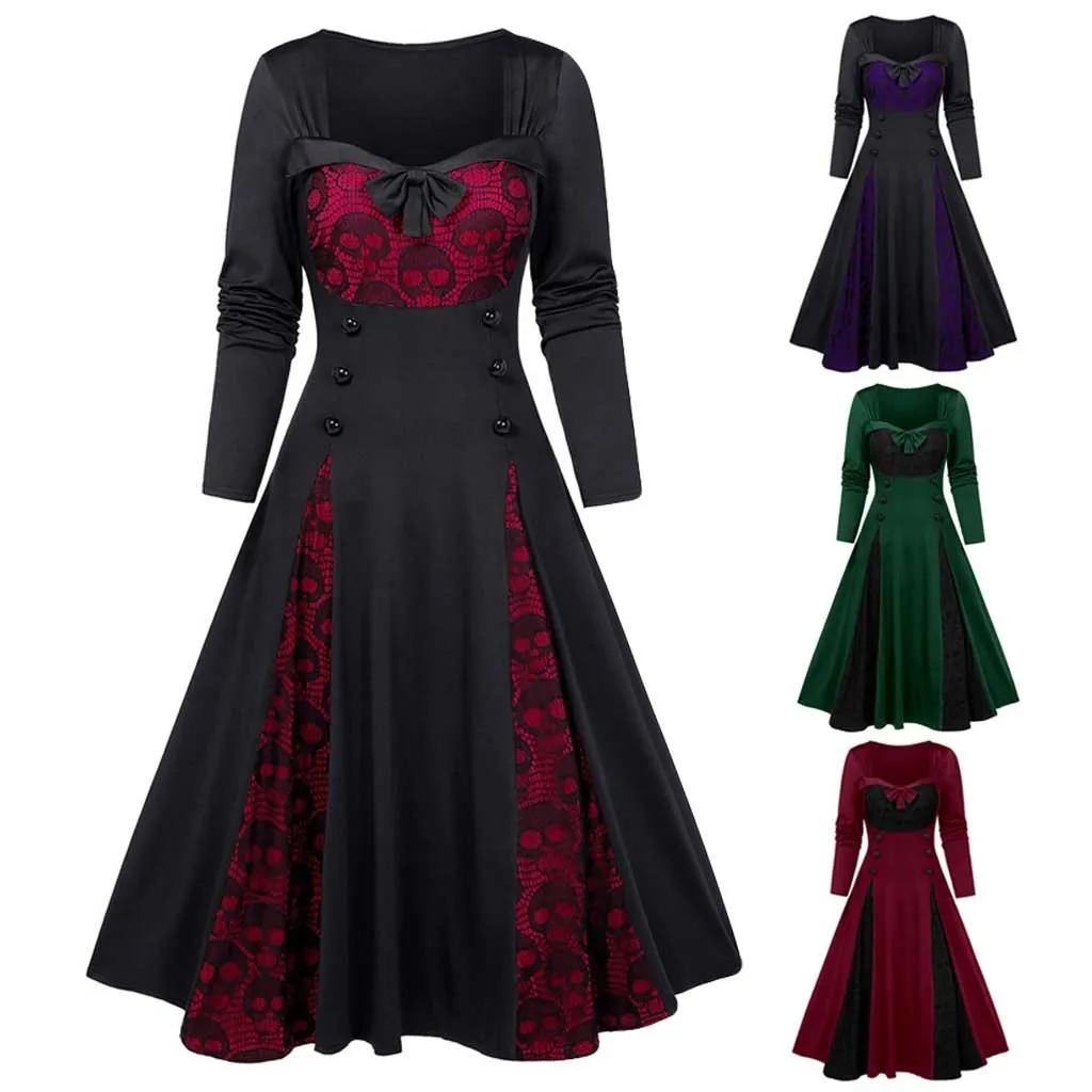 

Ladies Halloween Cosplay Costumes Vampire Witch Costume Plus Size Halloween Skull Lace Insert Mock Button Bowknot Dress Hot sale