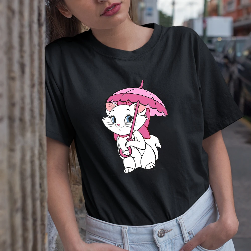 

Disney Marie Cat Cute Style Girl Clothes Cartoon Print Youth Fashion Women Casual Shirt Black Tops Summer Tees Short Sleeve 2022