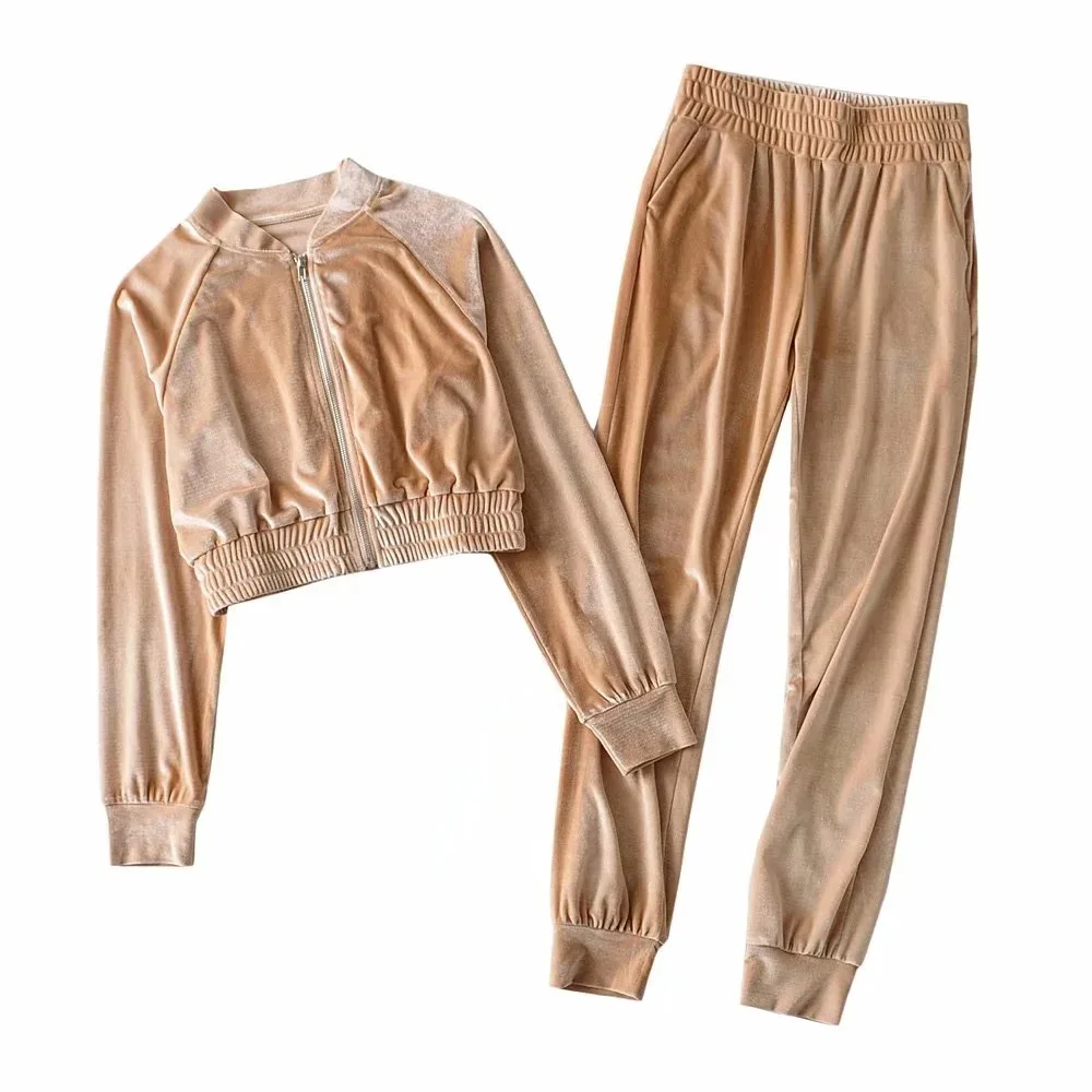 

Zipper Velvet Short Coats+Pants Women 2 Piece Set Vintage Crop Top Long Sleeve Suits Lady Casual Clothing Mujer Pantalones