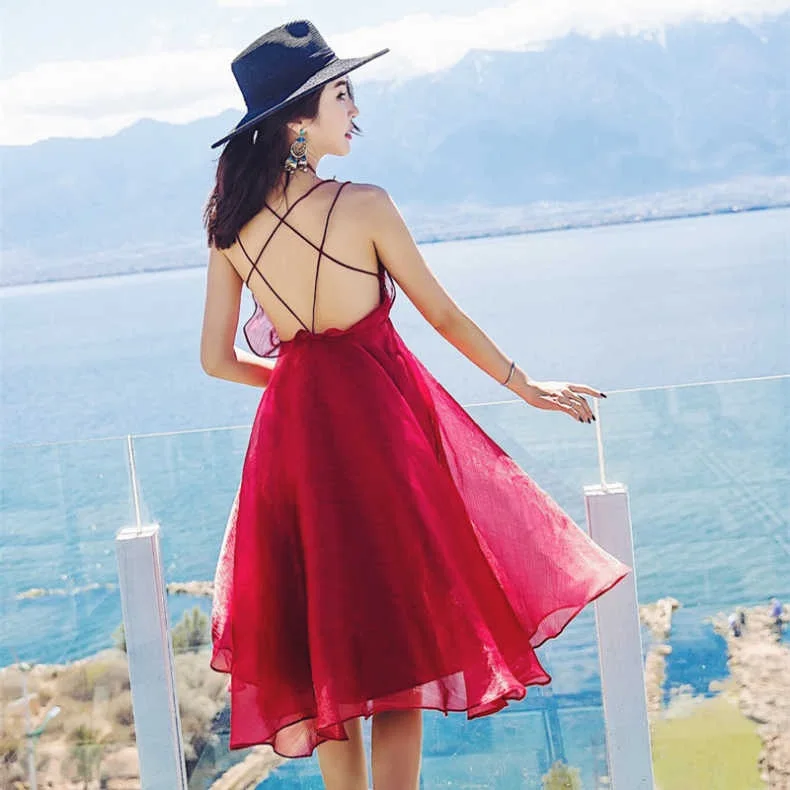 Летнее платье на бретелях с открытой спиной кружевное Сетчатое женское