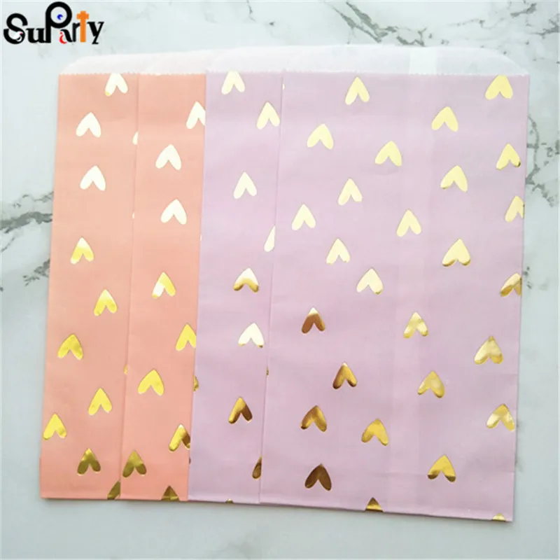 100 шт Румяна розовые бумажные сумки Золотые Фольга Сердце вечерние Подарочные