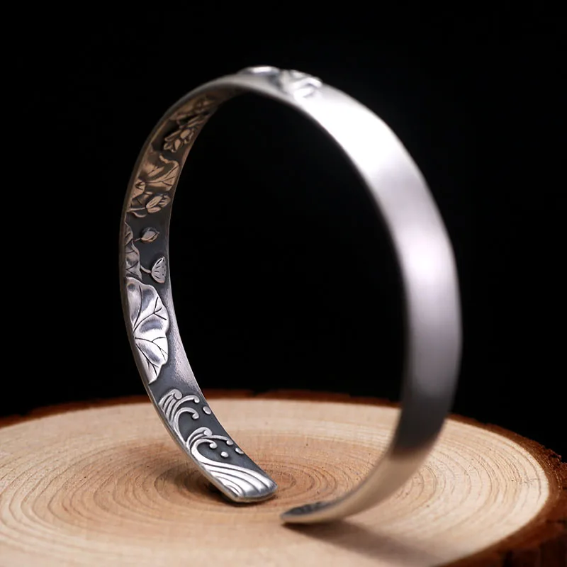 ZABRA Solid Pure 999 Sterling Silver 8mm Lotus Vintage Open Cuff Bracelet Women Guanyin Hand Trendy Rock Bangles Jewelry | Украшения и