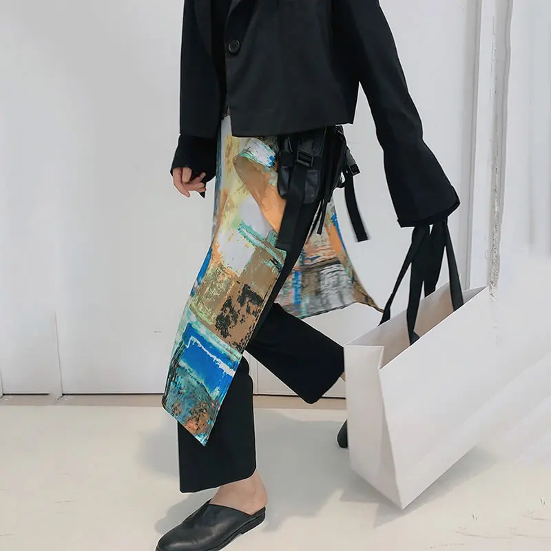 XITAO Print Patchwork Loose Pants Women Trendy Fashion New Style High Waist Flat Straight Fake Two Pieces Belt Minority ZY5103