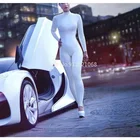 Женский латексный костюм кошки, белый обтягивающий комбинезон с длинным рукавом и молнией сзади