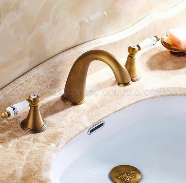 Античный латунный смеситель с 3 отверстиями для ванной комнаты раковина стиль