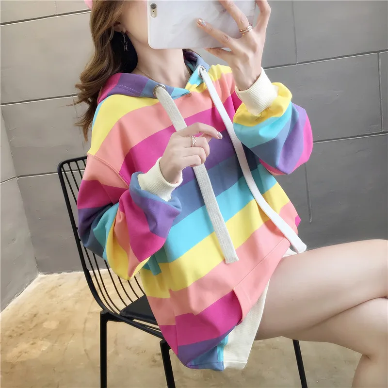 

Women's Rainbow Striped Hooded Pocket Sweatshirt Plus Fleece Thick Loose Lazy Jacket Black Hoodies