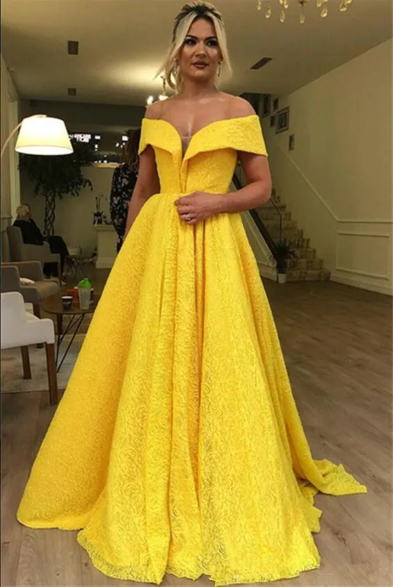 

Elegant Yellow Prom Dresses Off Shoulder Short Sleeves Fashion Design Custom Made Lace Evening Dresses A Line Girl Pageant Gowns