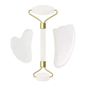 Натуральный белый нефритовый ролик Guasha скребок для доски, набор из белого кварца для лица, Инструмент Для Массажа Гуаша Sha, каменный массажер для лица