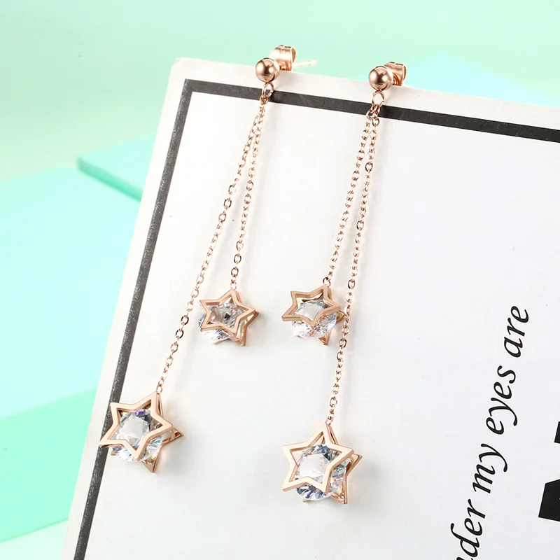 Розовое золото пентаграмма кисточкой серьги с цирконием для женщин нержавеющая