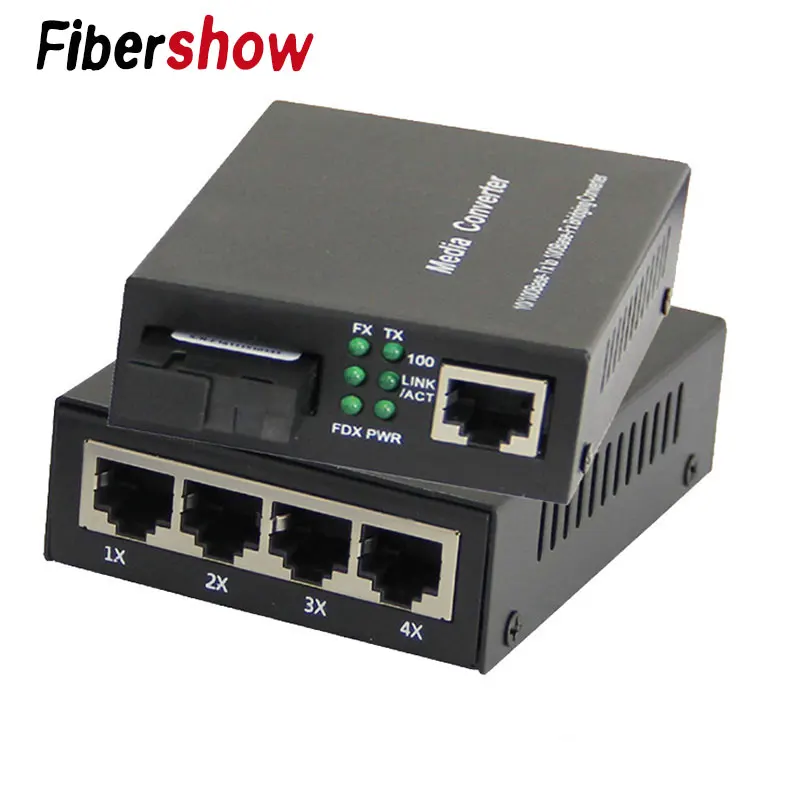 Волоконно оптический медиаконвертер Fast Ethernet одномодовый 20 км 4 RJ45 и 1 SC