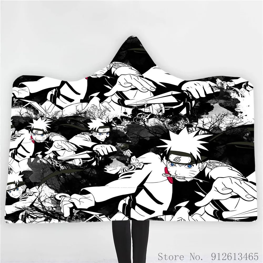 

3D Anime Naruto Likurb Ninja Uzumaki Uchiha Printed Plush Hooded Blanket Picnic Wearable Fleece Throw Warm Gift for Children