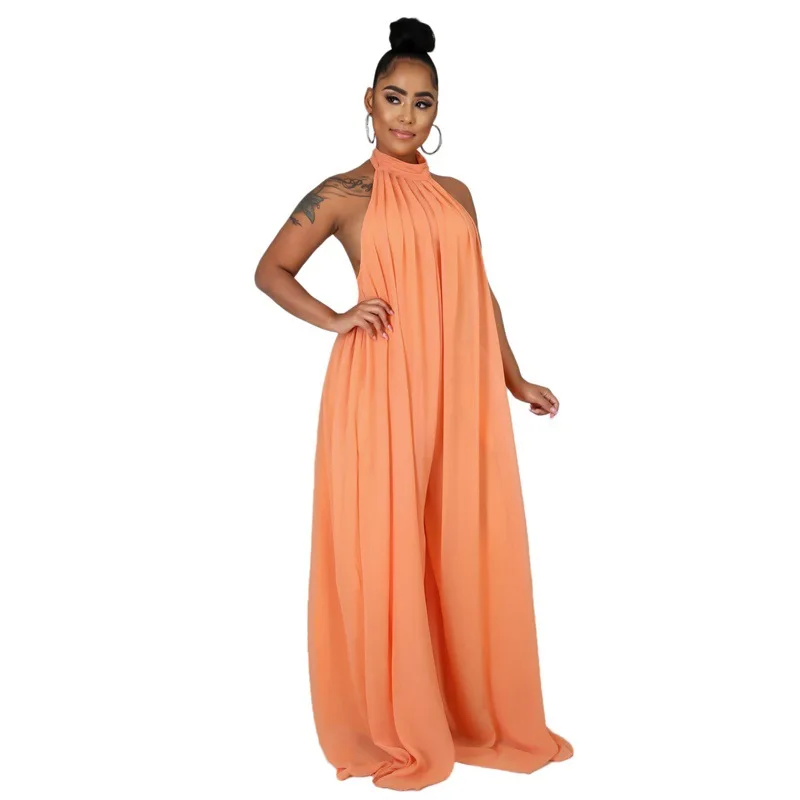 

2021 Summer SLeeveless Backless Solid Halter Chiffon Jumpsuit Sexy Wide Leg Romper Long Bodysuit For Women
