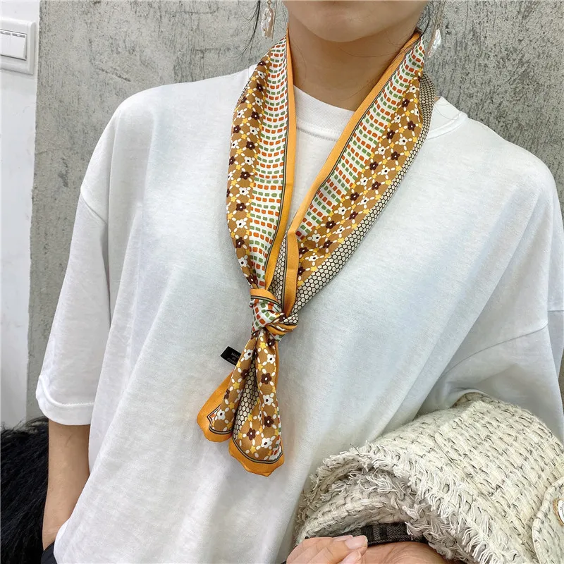 

Fashion Neckerchief Silk Hair Scarves For Women Floral Print Headband Cute Skinny Bag Scarf For Ladies 9*100cm Head Scarfs 2021