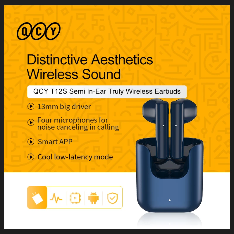  QCY T12S TWS Semi-in-ear true беспроводные наушники 13 мм громкоговоритель гарнитура 4Mic высокой четкости вызов шумоподавление наушники 