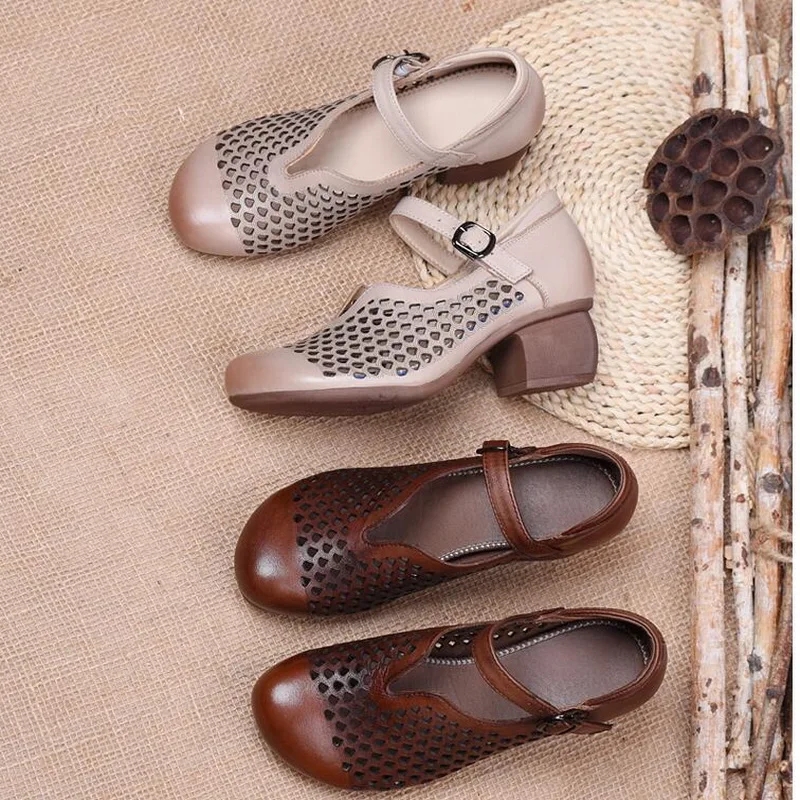 2021 Summer Genuine Leather Comfortable Ladies Mid Heel Sandals Women Shoes Hollow Round Toe Square Heels Sandals Woman