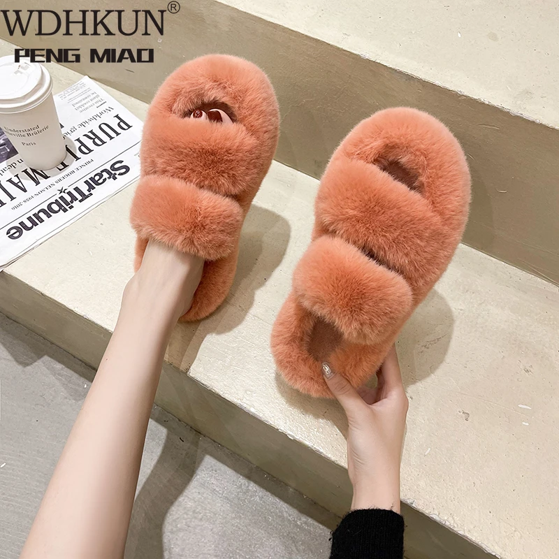 

Faux Fur Home Slippers Fluffy Women Slides Comfort Furry Flat Sandals Female Cute Slippers Shoes for Woman Indoor Flip Flops