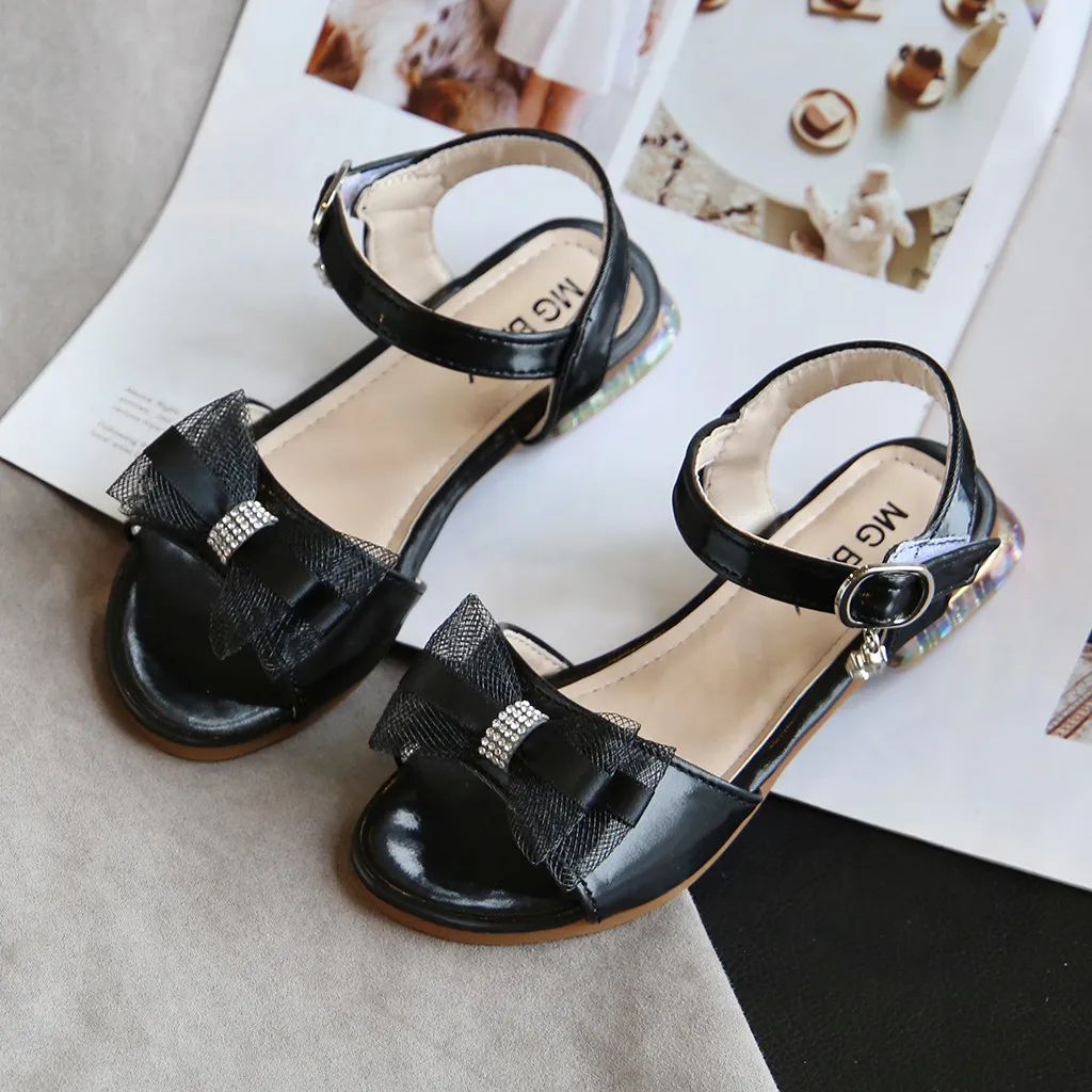 Детские сандалии с открытым носком черные бантом для девочек обувь принцессы и