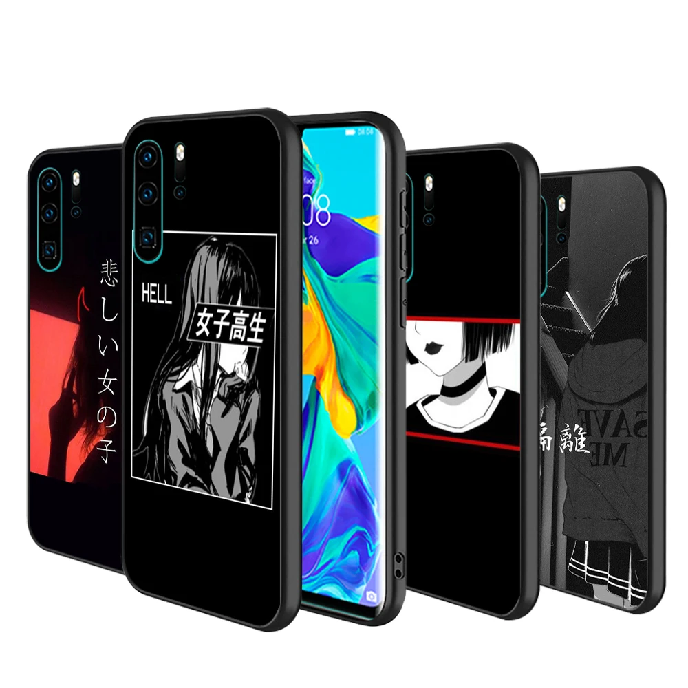 

For Huawei Mate 10 20 X 5G 30 40 RS Lite P Smart Pro Plus 2018 2019 2020 2021 Z S Japanese anime cartoon girl Black Phone Case