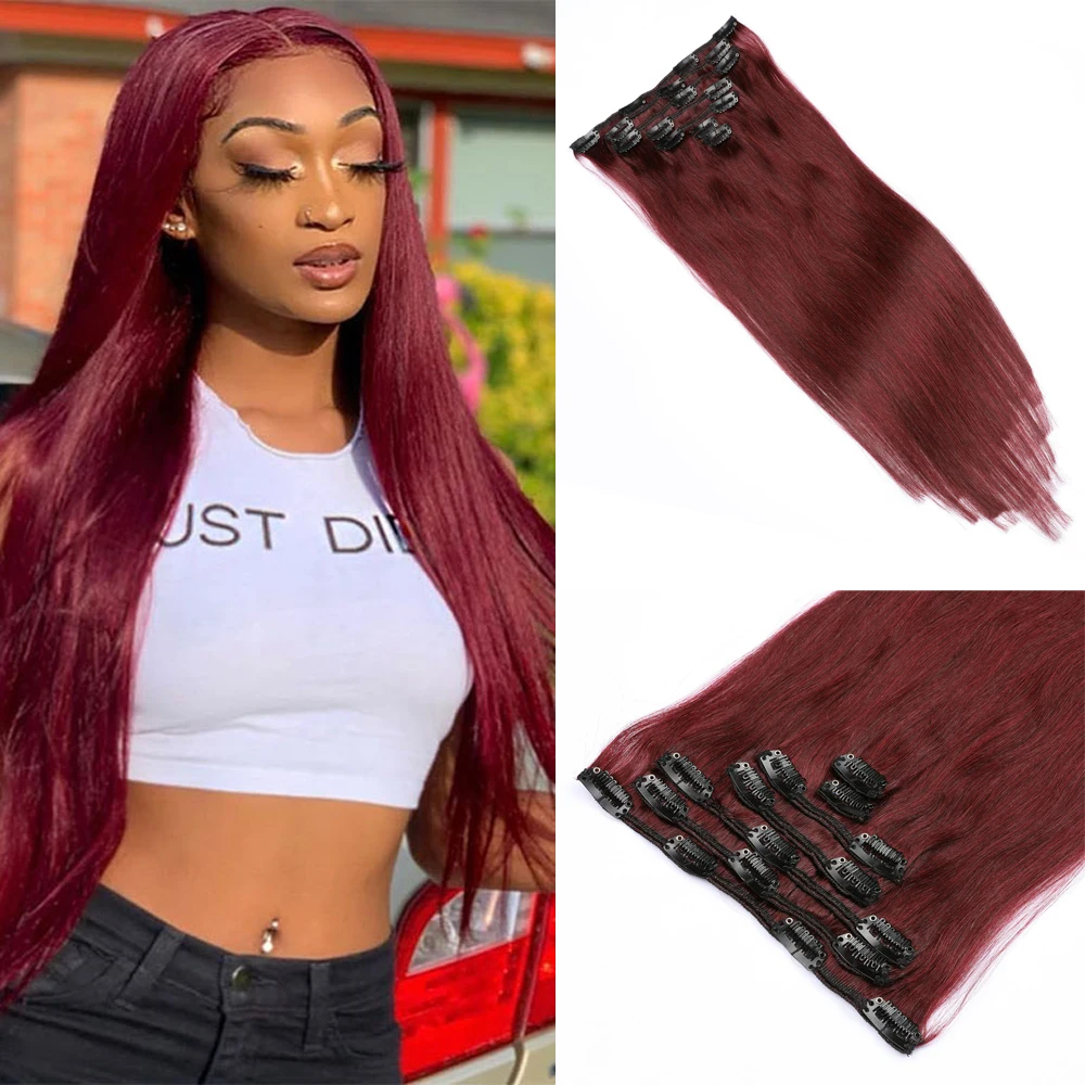 Wine Red Indian Remy Silky Straight Hair Clip In Human Hair Extensions Colored 7P/Set Full Head Sets Ship Free