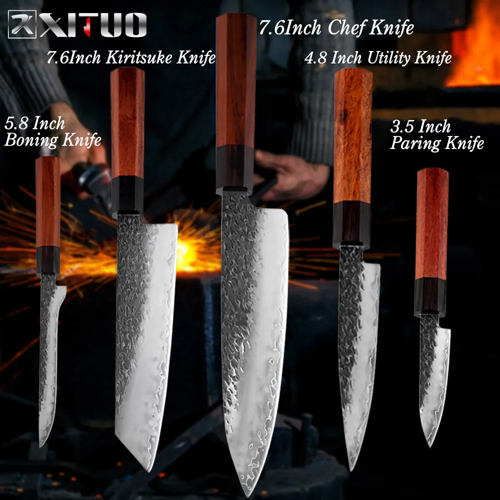 5PCS-B XITUO три-слой композита Сталь шеф-повара Ножи ручной ковки китайский нож Острый кухонный топорик Santoku кирицукэ утилита Пособия по кулинарии инструменты - Цвет: 5PCS-B
