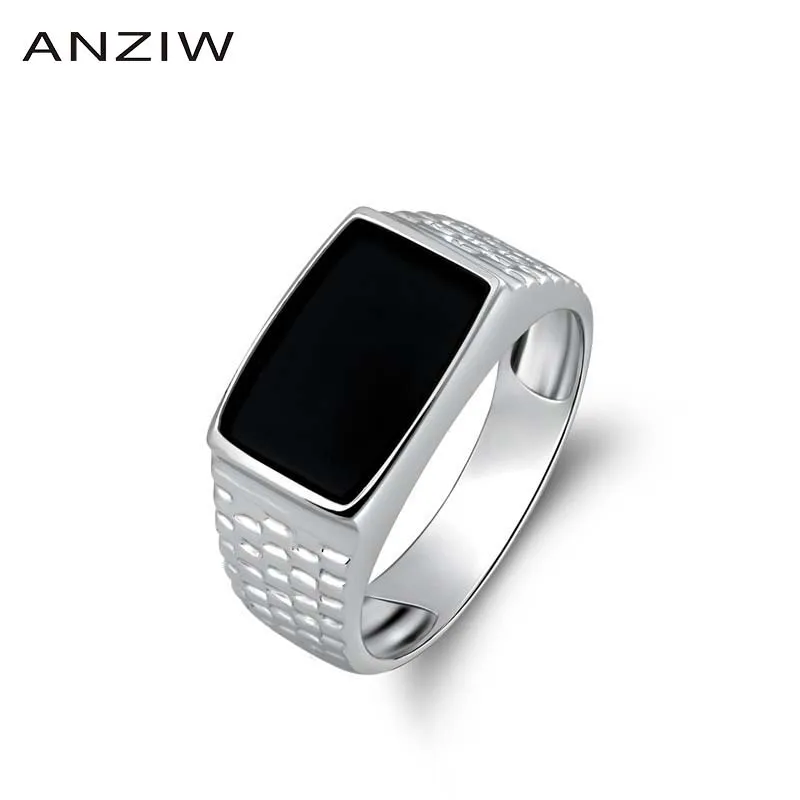 

ANZIW 925 Sterling Silver Men Wedding Engagement Ring Black Rectangle Cut Male Silver Birthday Party Girl Ring Girls Jewelry
