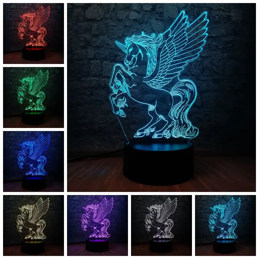 3D иллюзия ночные огни единорог модель USB трогательные светодиодные лампы дети