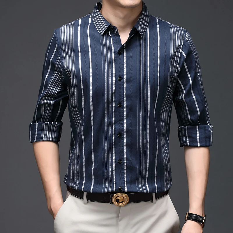 

Light Blue Dress Plus Size Mens Shirts Elegant Casual Striped Blouses Business Office Wear Korean Style Mens Oversized Shirts