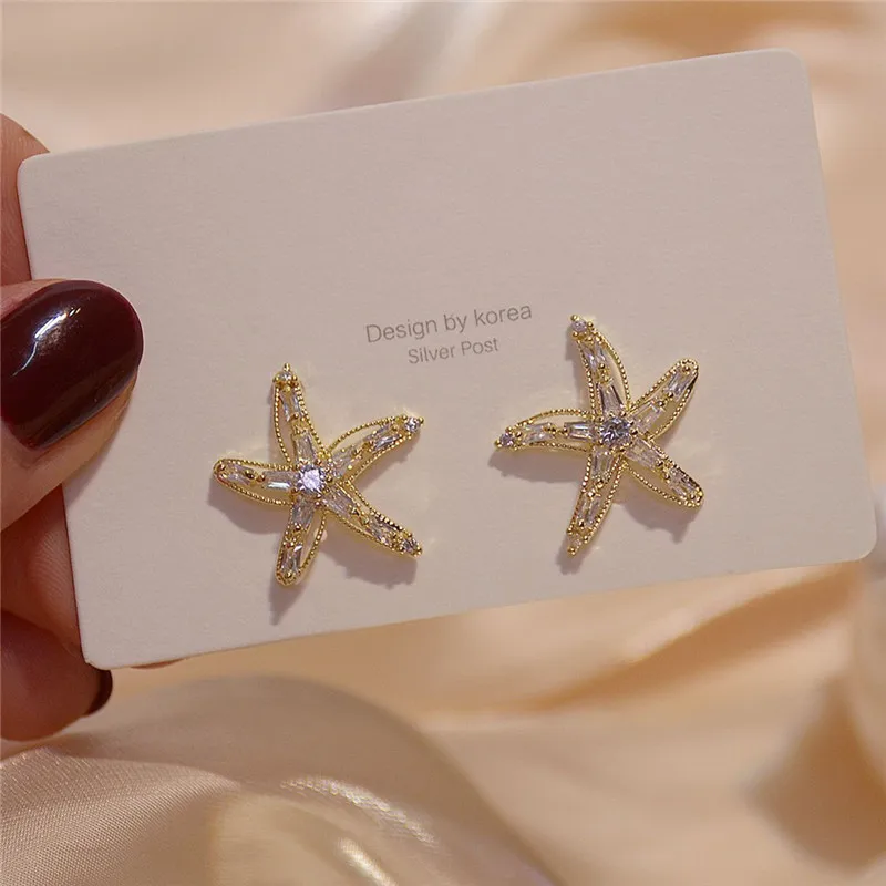 

New Arrive 14K Real Gold 925 Silver Needle Lovely Starfish Stud Earrings for Women Cubic Zircon ZC Earrings