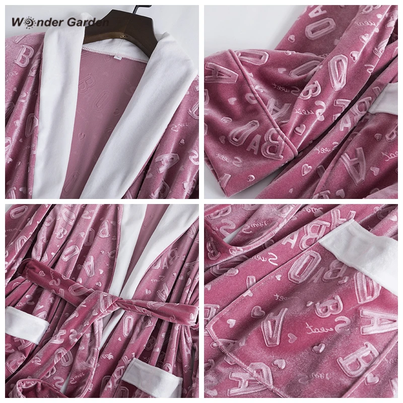 Wonder Garden Fshion Velvet Pajamas Set Woman Warm Sleepwear Letter Printing Casual Two-piece Suit Fall Winter Belt Nightwear