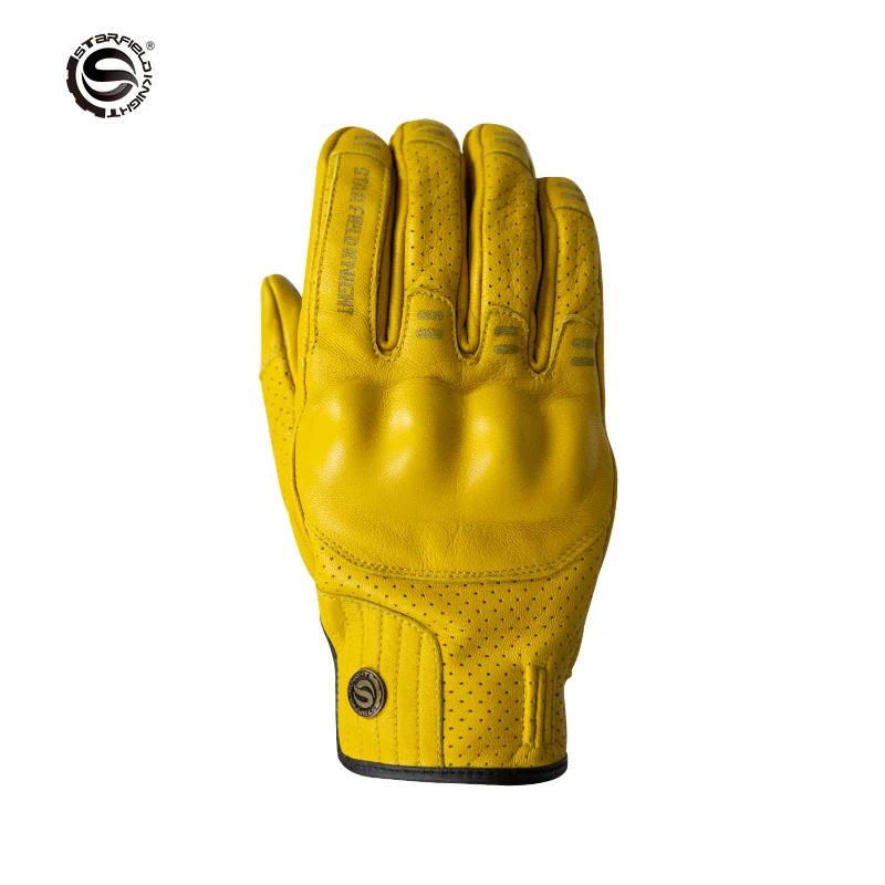 3 Color Motorcycle Full Finger Touch Screen Racing Gloves Yellow Retro Goat Skin Leather Motorbike Riding Motocross Accessories